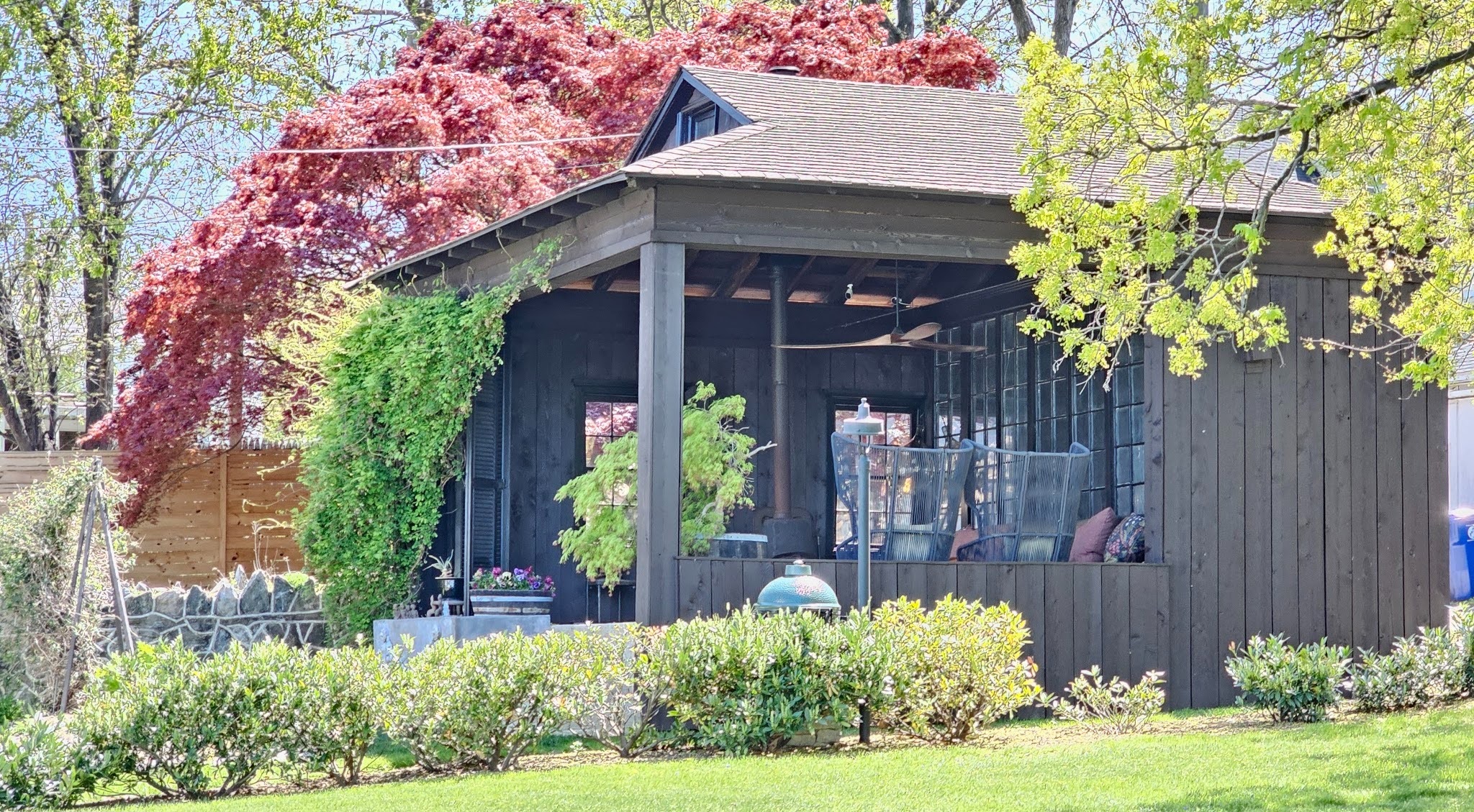 Outdoor covered seating area providing shade and comfortable gathering space