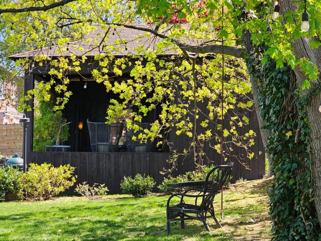 Outdoor covered seating area with comfortable furniture and a protective roof